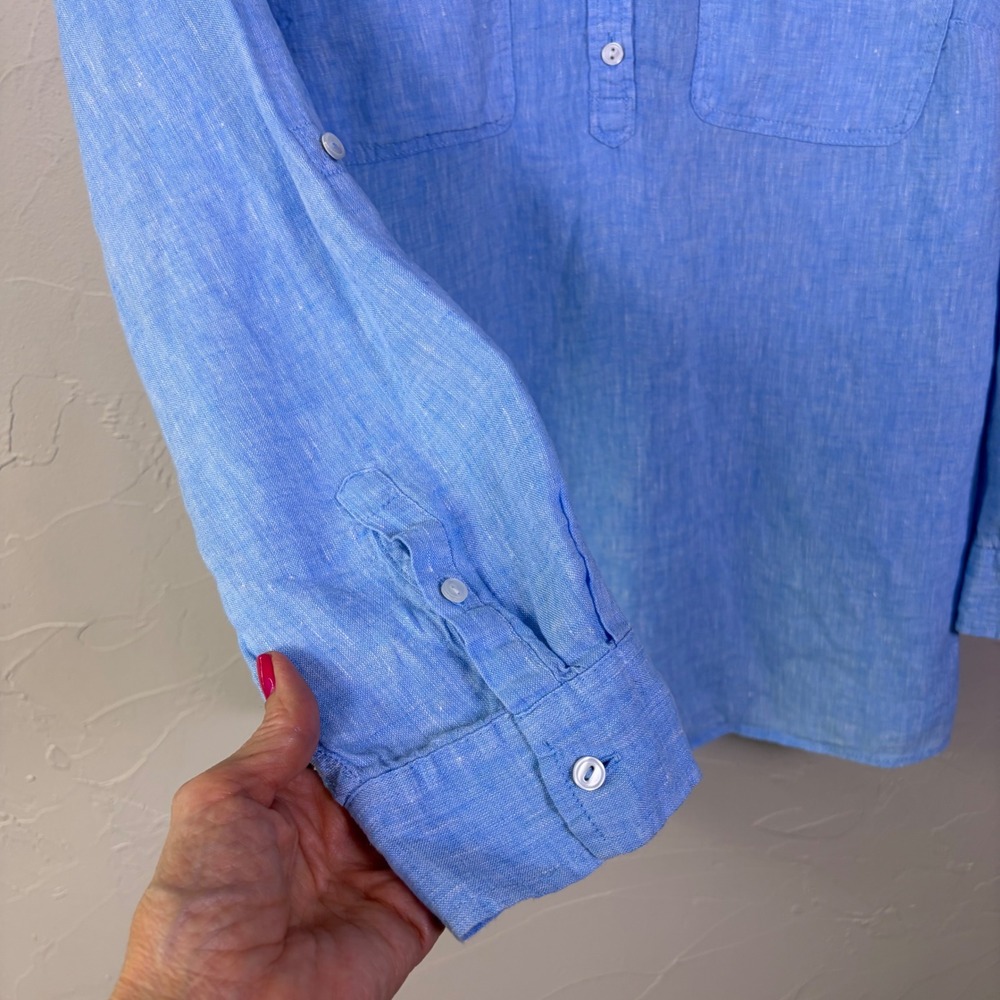 Talbots Linen Henley Blouse Womens 1X Blue Long Sleeve Roll Tab Coastal Preppy - Picture 3 of 9